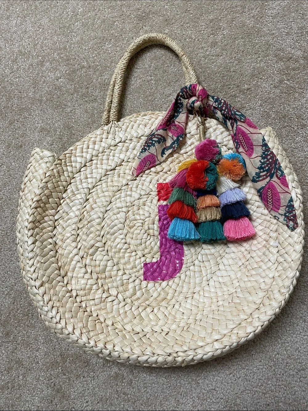 Maud Fourier Paris for Anthropologie  Round Straw Tote with Initial “J”